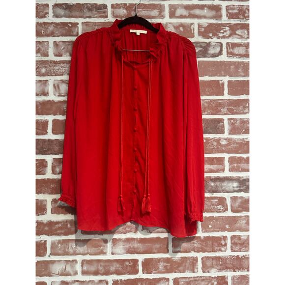 Maje Ciana Crepe Red Tassels Ruffled Top Womens EUC US Size Medium - Picture 1 of 8